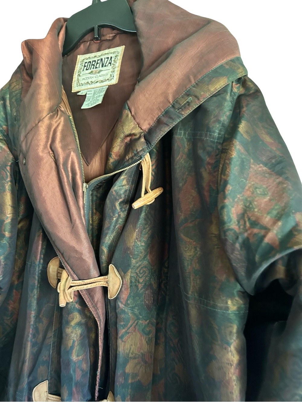 Vintage Forenza Puffer Lightweight Paisley Hooded Parka Leather Accents to Sz L - Picture 4 of 9